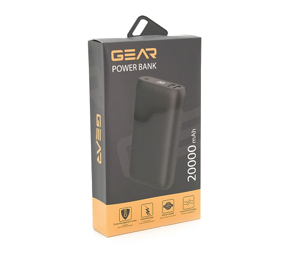PowerBank GEAR 20000mAh PD22.5W Display, 1*Type-C, 2*USB-A + 1*micro USB, Total Output 5V-3A, Black